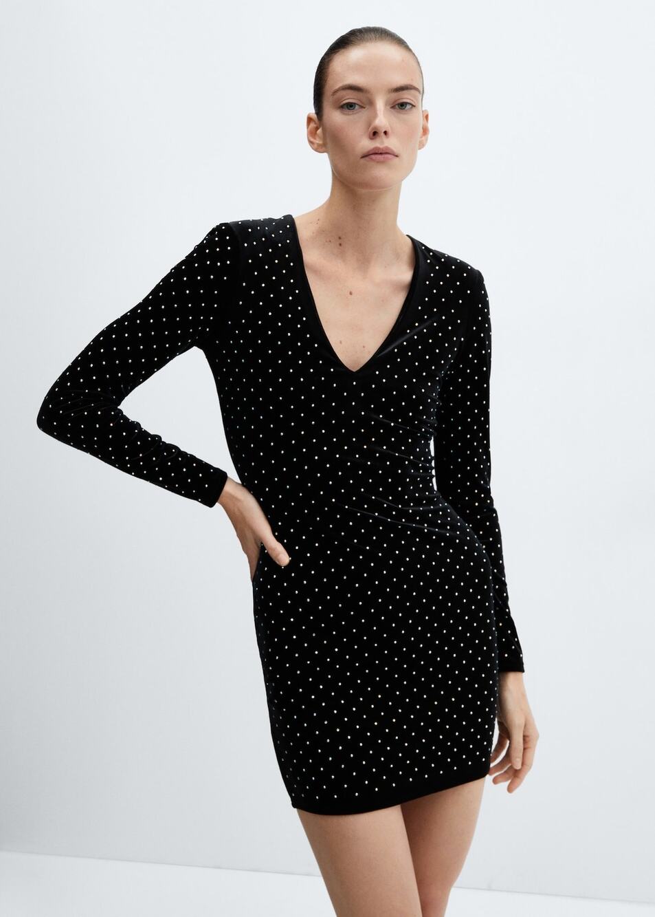 NWT MANGO Rhinestones Velvet Dress V-Neck Long Sleeve Mini Bodycon Size 4
